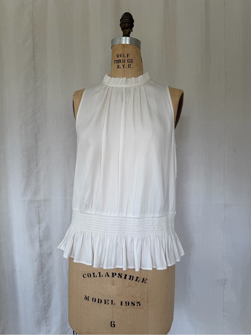 Ann Taylor Petite Ivory Ruffle Neck Smocked Peplum Blouse MP